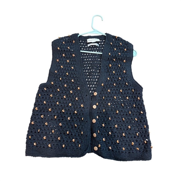 Robert Scott Ltd Knit Vest Hand Knitted Button Up Sleeveless Black Boho - Picture 3 of 3